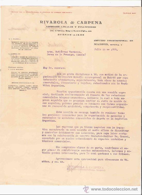 Gesch&auml;ftsbriefe: ARGENTINA. BUENOS AIRES. CARTA. RIVAROLA & CARPENA. ASESORES LEGALES Y FINANCIEROS. 1929.