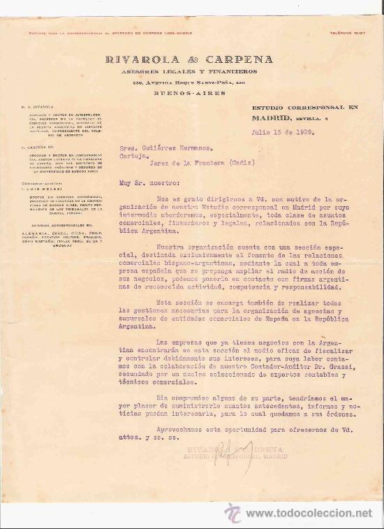 Gesch&auml;ftsbriefe: ARGENTINA. BUENOS AIRES. CARTA. RIVAROLA & CARPENA. ASESORES LEGALES Y FINANCIEROS. 1929.