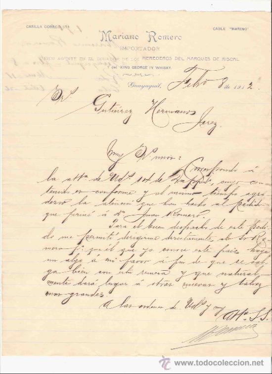 Gesch&auml;ftsbriefe: ECUADOR. GUAYAQUIL. CARTA. MARIANO ROMERO. IMPORTADOR. WHISKI. 1912.