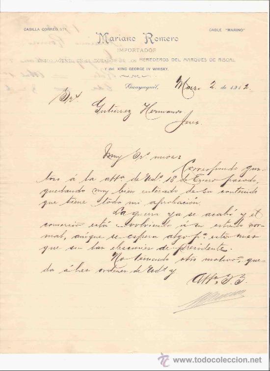 Gesch&auml;ftsbriefe: ECUADOR. GUAYAQUIL. CARTA. MARIANO ROMERO. IMPORTADOR. WHISKI. 1912.