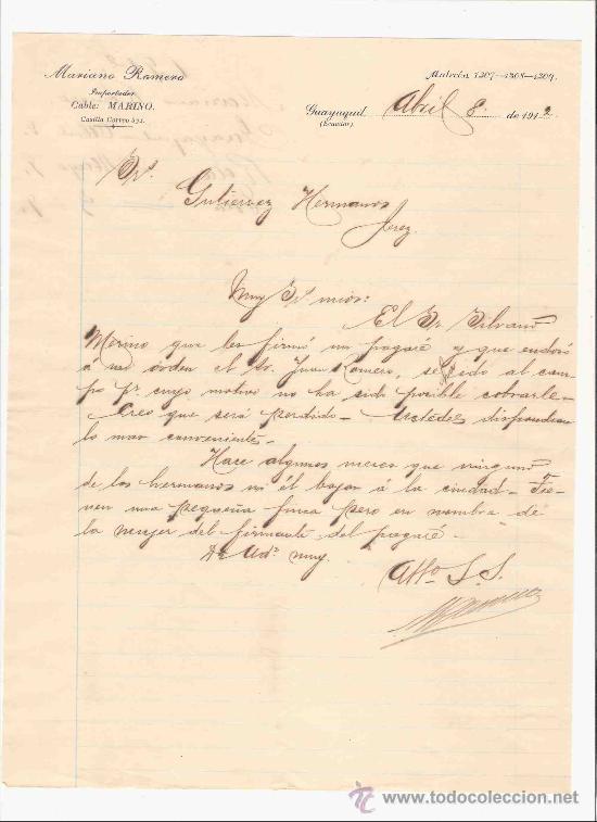 Gesch&auml;ftsbriefe: ECUADOR. GUAYAQUIL. CARTA. MARIANO ROMERO. IMPORTADOR. 1912.