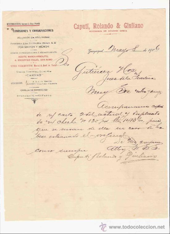 Lettere commerciali: ECUADOR. GUAYAQUIL. CARTA. CAPUTI, ROLANDO & GIULIANO. ALMACEN ABARROTES. VINO. 1906.