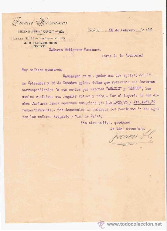 Gesch&auml;ftsbriefe: CHILE. ARICA. CARTA. FOCACCI HERMANOS. 1912.