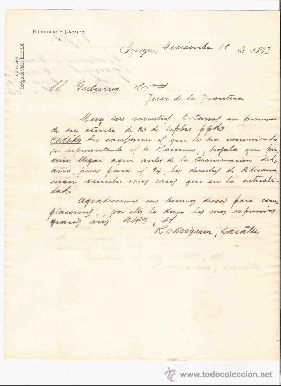 Gesch&auml;ftsbriefe: CHILE. IQUIQUE. CARTA. RODRIGUEZ Y LACALLE. 1893.