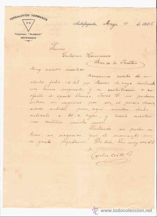 Gesch&auml;ftsbriefe: CHILE. ANTOFAGASTA. CARTA. VERSALOVICH HERMANOS. 1906.