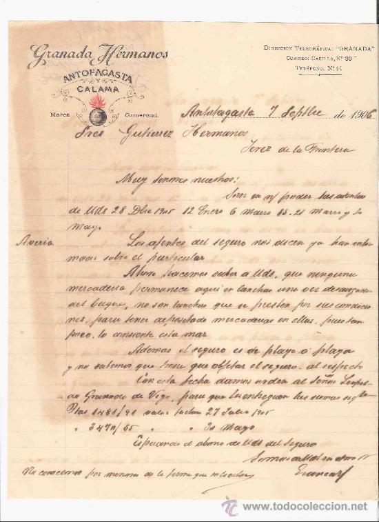 Gesch&auml;ftsbriefe: CHILE. ANTOFAGASTA. CARTA. GRANADA HERMANOS. MARCA COMERCIAL. 1906.