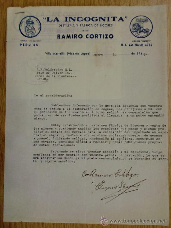 Cartas comerciais: CARTA COMERCIAL. VILLA MARTELLI (ARGENTINA). ENERO 1947. LA INCOGNITA. FABRICA LICORES. R. CORTIZO.