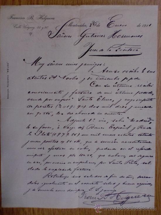 Cartas comerciais: CARTA COMERCIAL. MONTEVIDEO (URUGUAY). ENERO 1911. FRANCISCO B. HELGUERA.