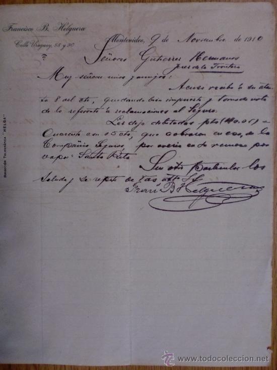 Cartas comerciais: CARTA COMERCIAL. MONTEVIDEO (URUGUAY). NOVIEMBRE 1910. FRANCISCO B. HELGUERA.