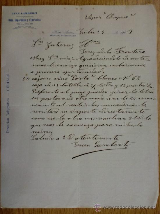 Cartas comerciais: CARTA COMERCIAL. PUNTA ARENAS (CHILE). JULIO 1907. JUAN LAMBERTI. CASA IMPORTADORA Y EXPORTADORA