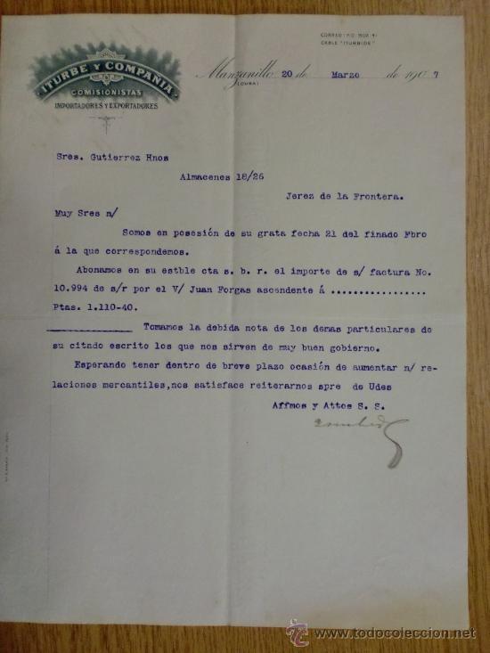 Cartas comerciales: CARTA COMERCIAL. MANZANILLO (CUBA). MARZO 1907. ITURBE Y COMPA&Ntilde;IA. IMPORTADORES Y EXPORTADORES.