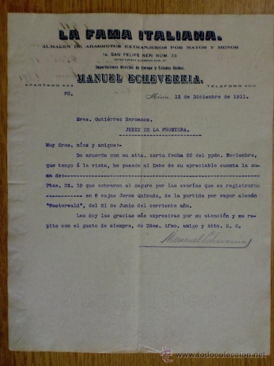 Cartas comerciales: CARTA COMERCIAL. MEXICO. DICIEMBRE 1911. LA FAMA ITALIANA. MANUEL ECHAVERRIA. IMPORTACIONES.
