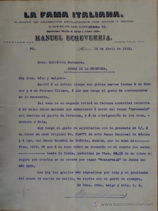 Cartas comerciales: CARTA COMERCIAL. MEXICO. ABRIL 1912. LA FAMA ITALIANA. MANUEL ECHAVERRIA. IMPORTACIONES.