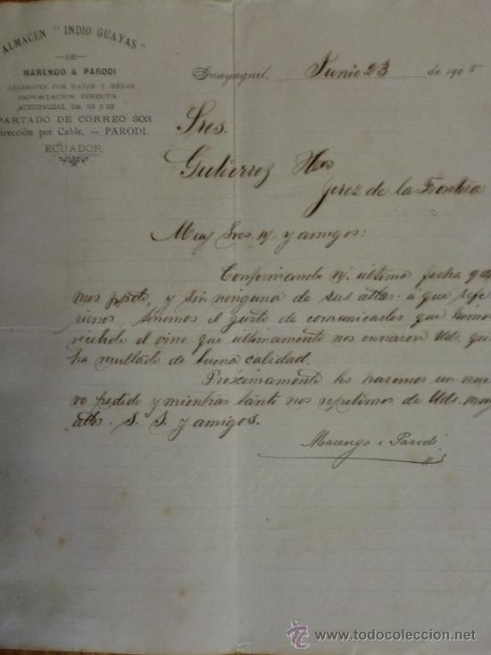 Cartas comerciales: CARTA COMERCIAL. GUAYAQUIL (ECUADOR). JUNIO 1905. ALMACEN INDIO GUAYAS. MARENGO & PARODI.