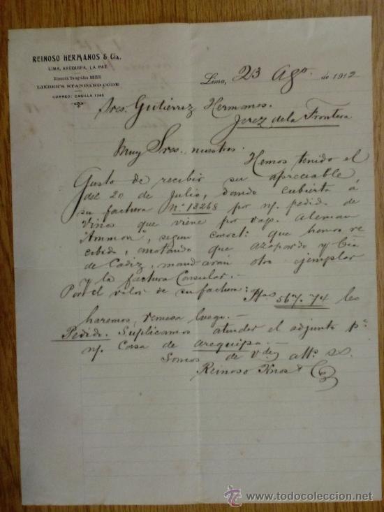 Cartas comerciales: CARTA COMERCIAL. LIMA. AGOSTO 1912. REINOSO HERMANOS & CIA.