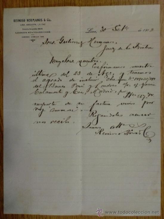 Cartas comerciales: CARTA COMERCIAL. LIMA. SEPTIEMBRE 1912. REINOSO HERMANOS & CIA.