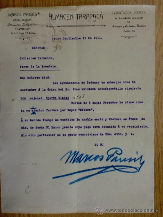 Cartas comerciales: CARTA COMERCIAL. ORURO (BOLIVIA). SEPTIEMBRE 1911. ALMACEN TARAPACA. MARCOS PAVISICH. MERCADERIAS.