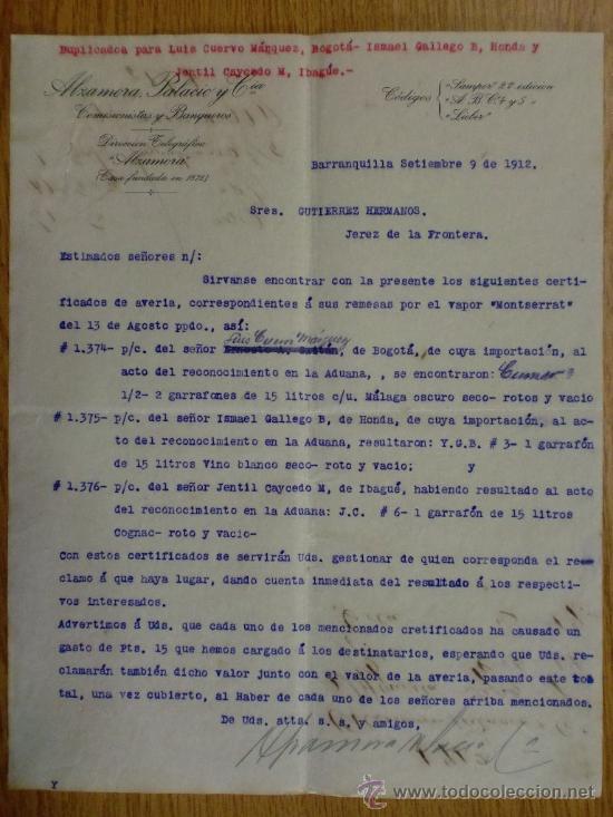 Cartas comerciales: CARTA COMERCIAL. BARRANQUILLA (COLOMBIA). SEPT1912. ALZAMORA PALACIO Y CIA. COMISIONISTAS, BANQUEROS