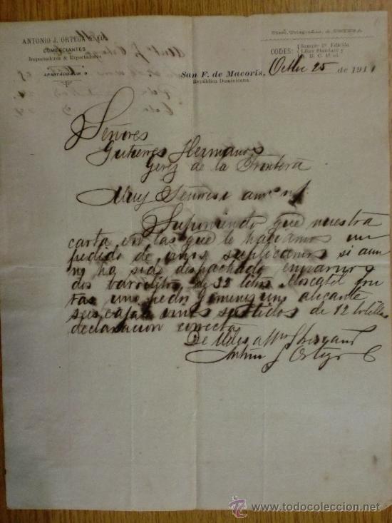 Cartas comerciales: CARTA COMERCIAL. S. FCO. MACORIS (R. DOMINICANA). OCTUBRE1911. ANTONIO J. ORTEGA & CO. COMERCIANTES.