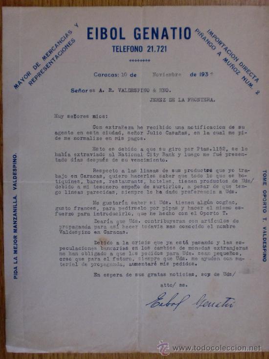 Lettere commerciali: CARTA COMERCIAL. CARACAS (VENEZUELA). NOVIEMBRE 1932. EIBOL GENATIO. MERCANCIAS Y REPRESENTACIONES.