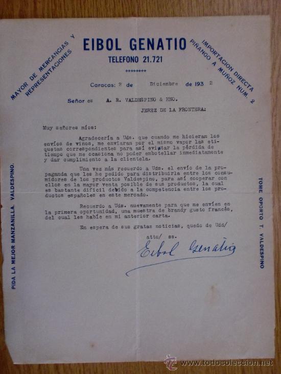Lettere commerciali: CARTA COMERCIAL. CARACAS (VENEZUELA). DICIEMBRE 1932. EIBOL GENATIO. MERCANCIAS Y REPRESENTACIONES.