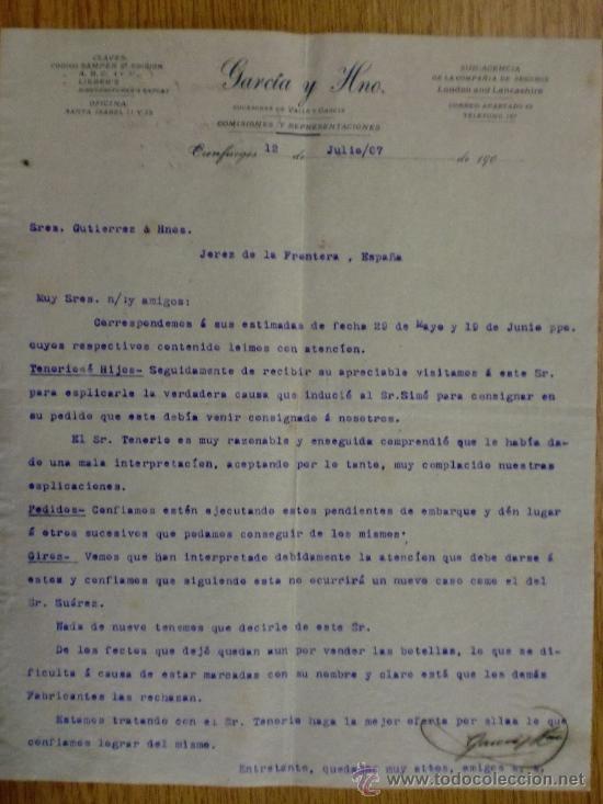 Lettere commerciali: CARTA COMERCIAL. CIENFUEGOS (CUBA). JULIO 1907. GARCIA Y HNO. COMISIONES Y REPRESENTACIONES.