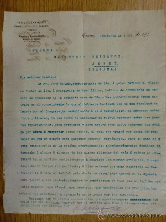 Lettere commerciali: CARTA COMERCIAL. OCA&Ntilde;A (COLOMBIA). DICIEMBRE 1911. OSORIO & CIA. IMPORTACION EXPORTACION.