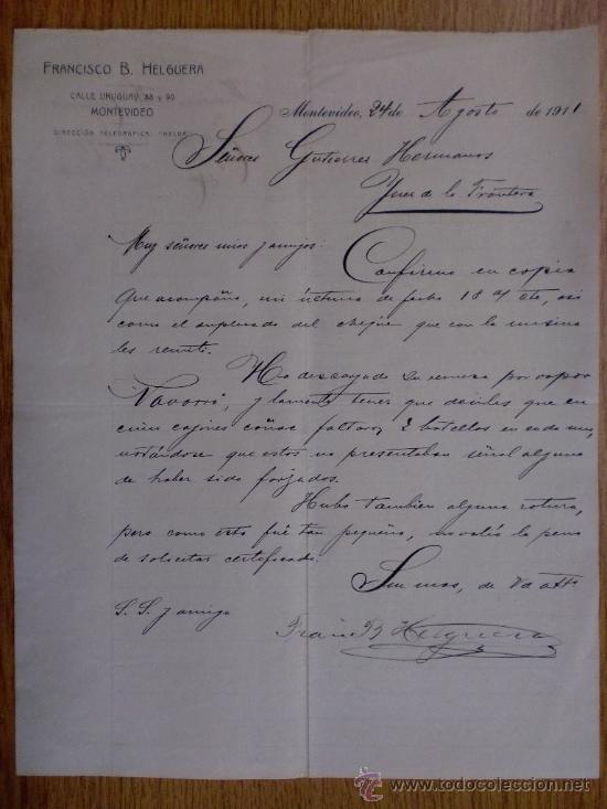 Cartas comerciais: CARTA COMERCIAL. MONTEVIDEO (URUGUAY). AGOSTO 1911. FRANCISCO B. HELGUERA.