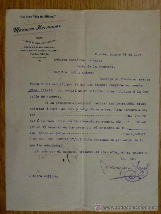 Cartas comerciais: CARTA COMERCIAL. PUEBLA (MEXICO). AGOSTO1905. LA GRAN VILLA DE BILBAO. MAZORRA HNS. ALMACEN ABARROES