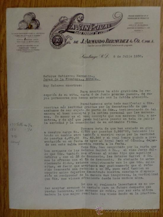 Cartas comerciais: CARTA COMERCIAL. SANTIAGO(R. DOMINICANA). JULIO 1930. LA SIN RIVAL. J. ARMANDO BERMUDEZ. LICORES.