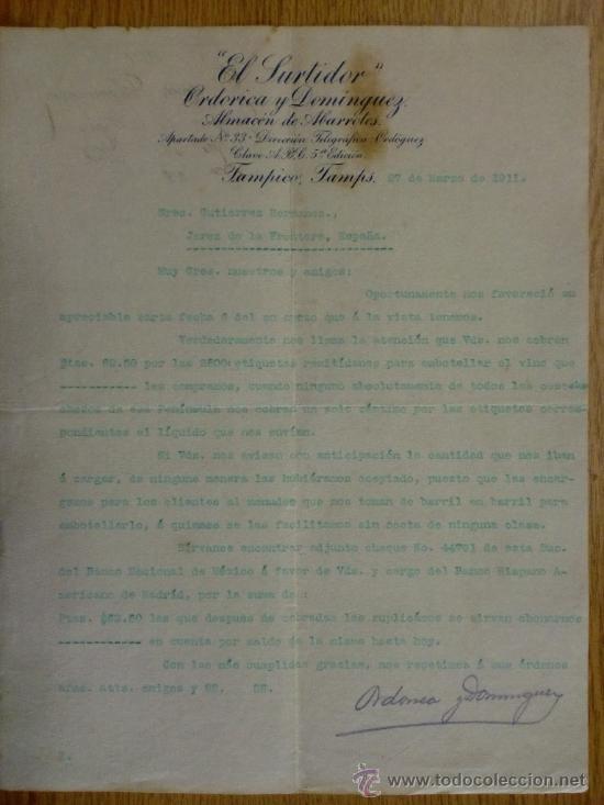 Cartas comerciais: CARTA COMERCIAL. TAMPICO (MEXICO). MARZO 1911. EL SURTIDOR. ORDIRICA Y DOMINGUEZ. ALMACEN ABARROES.