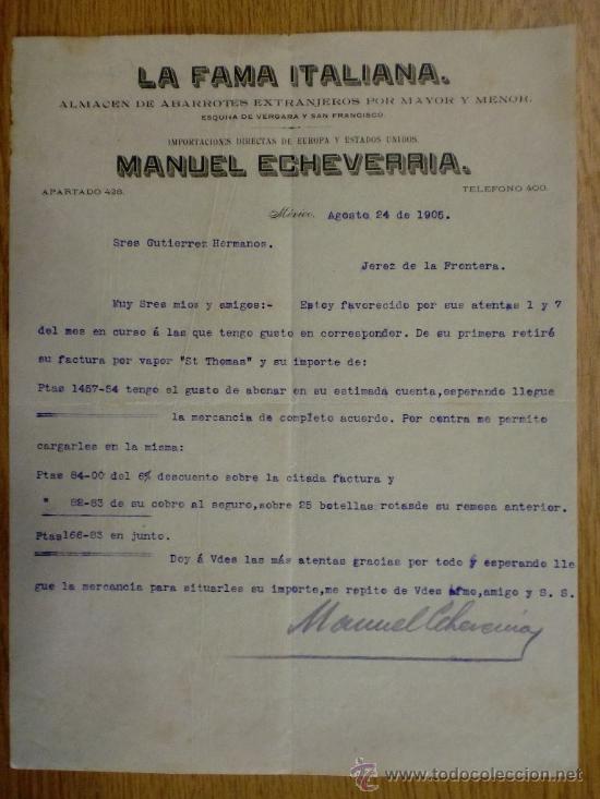 Cartas comerciais: CARTA COMERCIAL.MEXICO (MEXICO). AGO. 1905. LA FAMA ITALIANA.MANUEL ECHEVERRIA. ALMACEN DE ABARROTES
