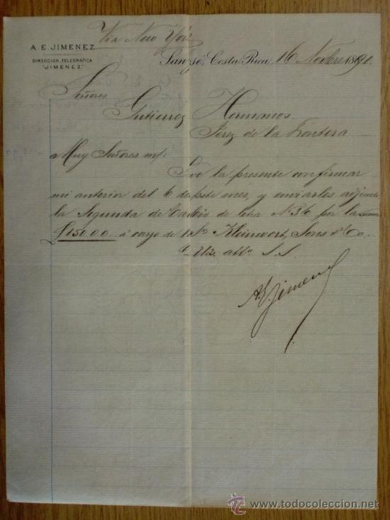 Cartas comerciais: CARTA COMERCIAL. SAN JOSE (COSTA RICA). NOVIEMBRE 1891. A. E. JIMENEZ.