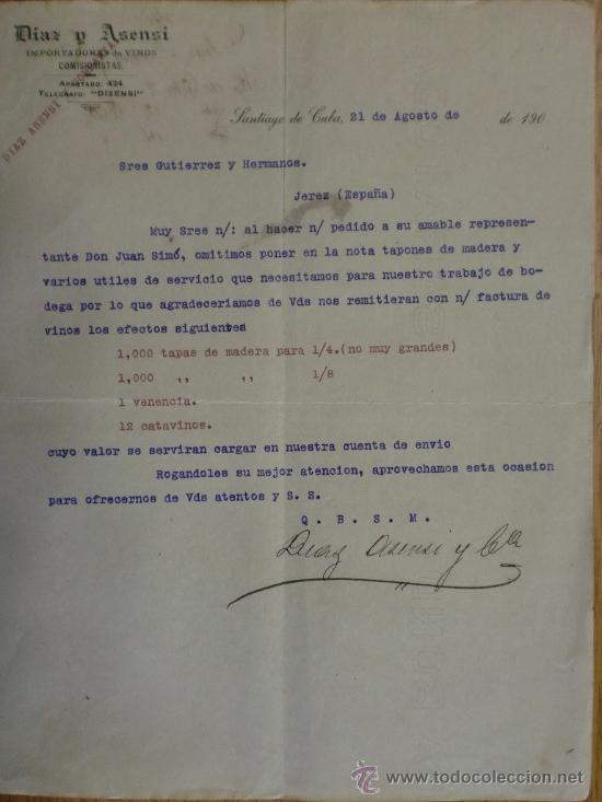 Cartas comerciais: CARTA COMERCIAL. SANTIAGO (CUBA). AGOSTO 1907. DIAZ Y ASENSI. IMPORTADORES DE VINOS.