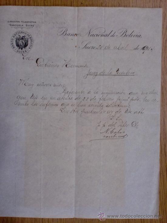 Cartas comerciais: CARTA COMERCIAL. SUCRE (BOLIVIA). ABRIL 1904. BANCO NACIONAL DE BOLIVIA.