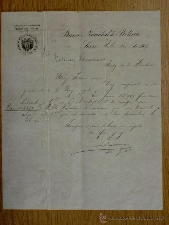 Cartas comerciais: CARTA COMERCIAL. SUCRE (BOLIVIA). JULIO 1907. BANCO NACIONAL DE BOLIVIA.