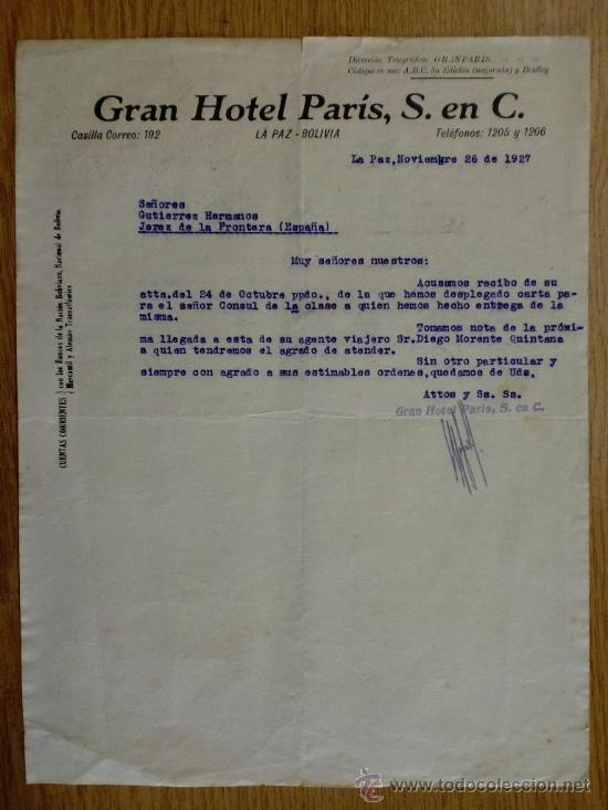 Cartas comerciais: CARTA COMERCIAL. LA PAZ (BOLIVIA). NOVIEMBRE 1927. GRAN HOTEL PARIS, S. EN C.