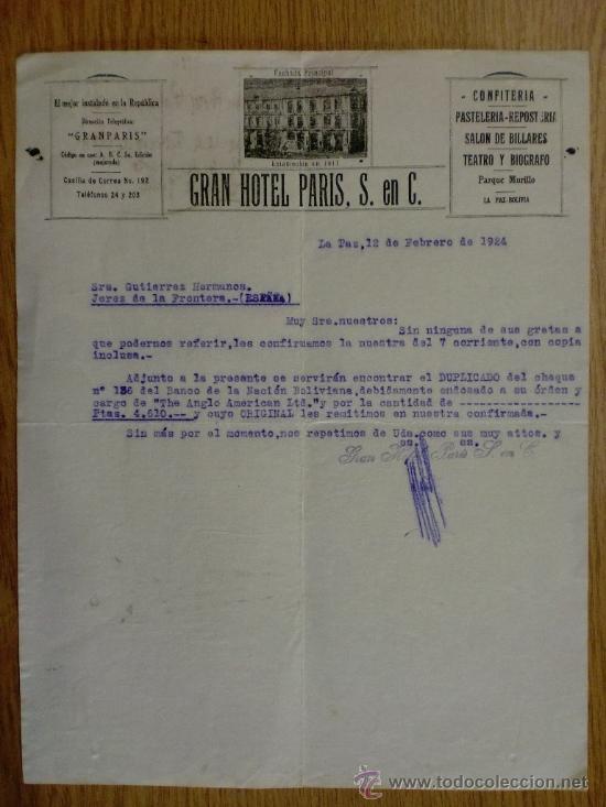 Cartas comerciais: CARTA COMERCIAL. LA PAZ (BOLIVIA). FEBRERO 1924. GRAN HOTEL PARIS, S. EN C.
