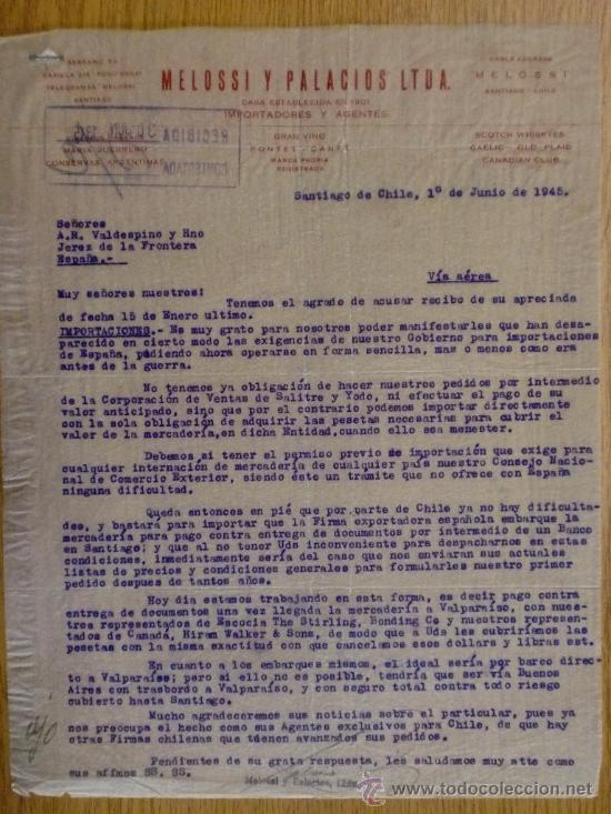 Cartas comerciais: CARTA COMERCIAL. SANTIAGO (CHILE). JUNIO 1945. MELOSSI Y PALACIOS LTDA.  IMPORTADORES Y AGENTES.
