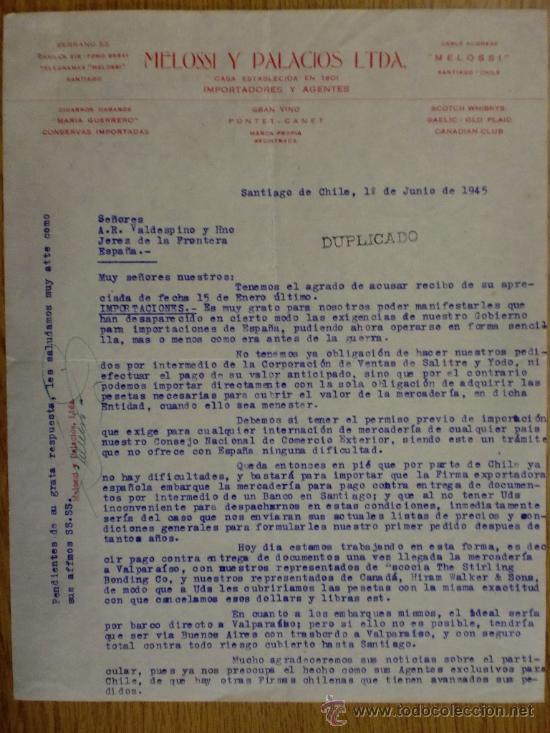 Cartas comerciais: CARTA COMERCIAL. SANTIAGO (CHILE). JUNIO 1945. MELOSSI Y PALACIOS LTDA.  IMPORTADORES Y AGENTES.