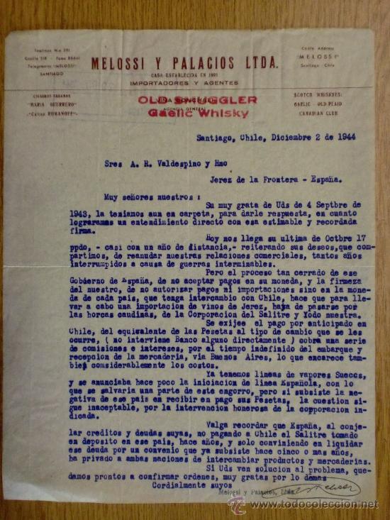 Cartas comerciais: CARTA COMERCIAL. SANTIAGO (CHILE). DICIEMBRE 1944. MELOSSI Y PALACIOS LTDA.  IMPORTADORES Y AGENTES.