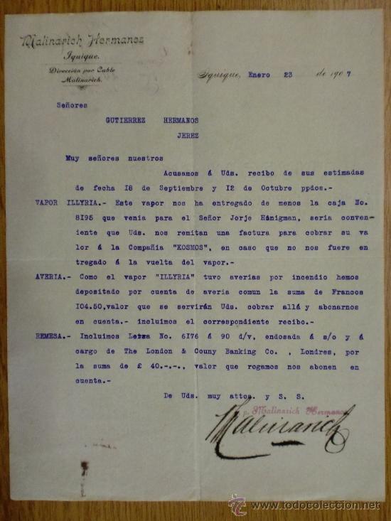 Lettere commerciali: CARTA COMERCIAL. IQUIQUE (CHILE). ENERO 1907. MALINARICH HERMANOS.