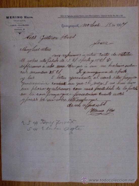 Lettere commerciali: CARTA COMERCIAL. GUAYAQUIL (ECUADOR). NOVIEMBRE 1907. MERINO HNOS.