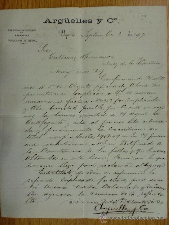 Lettere commerciali: CARTA COMERCIAL. UYUNI (BOLIVIA). SEPTIEMBRE 1907. ARGUELLES Y C&ordm;. IMPORTADORES DE ABARROTES.