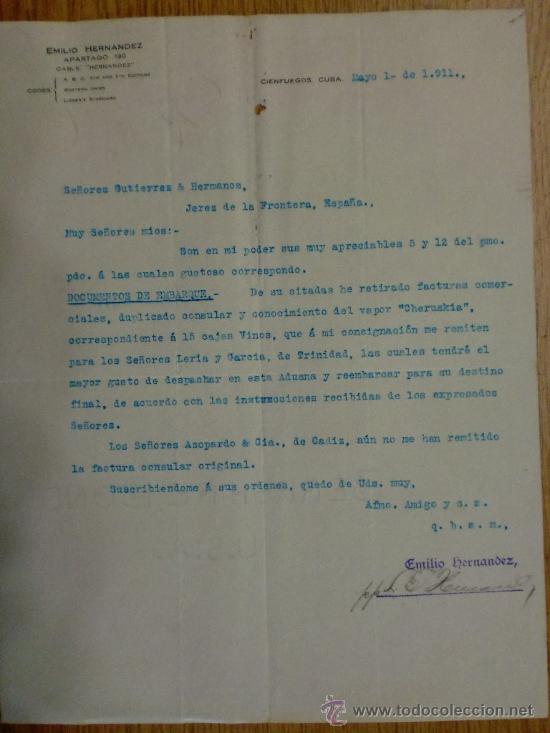 Lettere commerciali: CARTA COMERCIAL. CIENFUEGOS (CUBA). MAYO 1911. EMILIO HERNANDEZ.