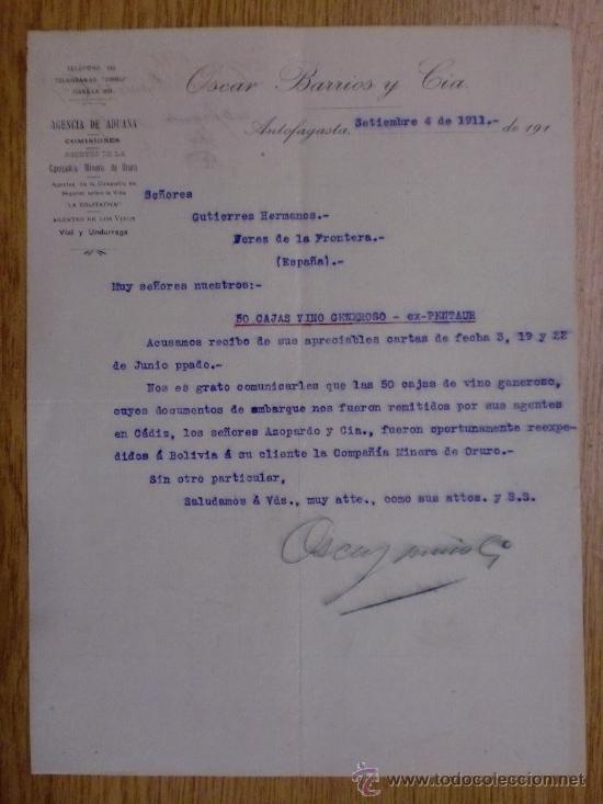 Lettere commerciali: CARTA COMERCIAL. ANTOFAGASTA (CHILE). SEPTIEMBRE 1911. OSCAR BARRIOS Y CIA. AGENCIA DE ADUANA.