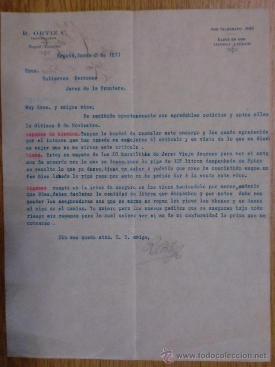 Lettere commerciali: CARTA COMERCIAL. BOGOTA (COLOMBIA). ENERO 1911. R. ORTIZ C. IMPORTACION.