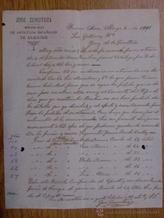 Lettere commerciali: CARTA COMERCIAL. BUENOS AIRES (ARGENTINA). MAYO 1905. JOSE ZURUTUZA. IMPORTACION ARTICULOS ESPA&Ntilde;OLES