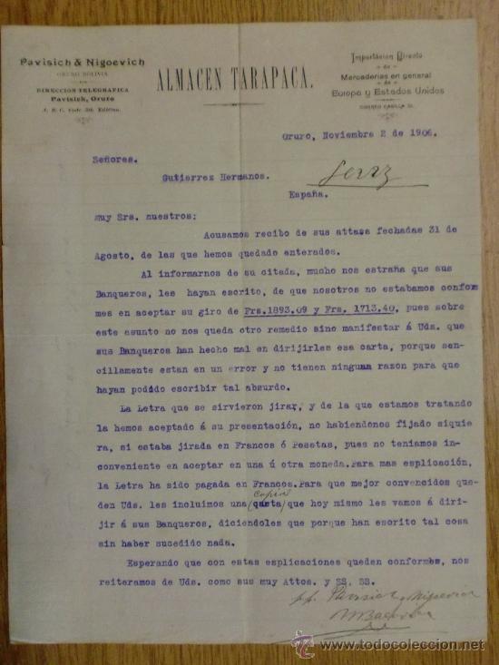 Lettere commerciali: CARTA COMERCIAL. ORURO (BOLIVIA). NOVIEMBRE 1906. ALMACEN TARAPACA. IMPORTACION DE MERCADERIAS.