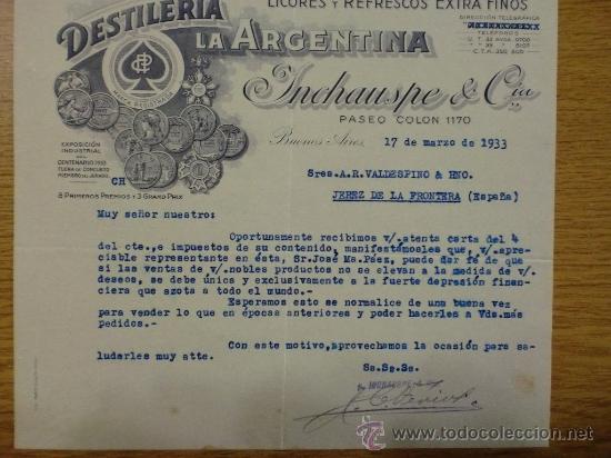 Gesch&auml;ftsbriefe: CARTA COMERCIAL. BUENOS AIRES (ARGENTINA). MARZO 1933. DESTILERIA LA ARGENTINA. INCHAUSPE Y CIA.